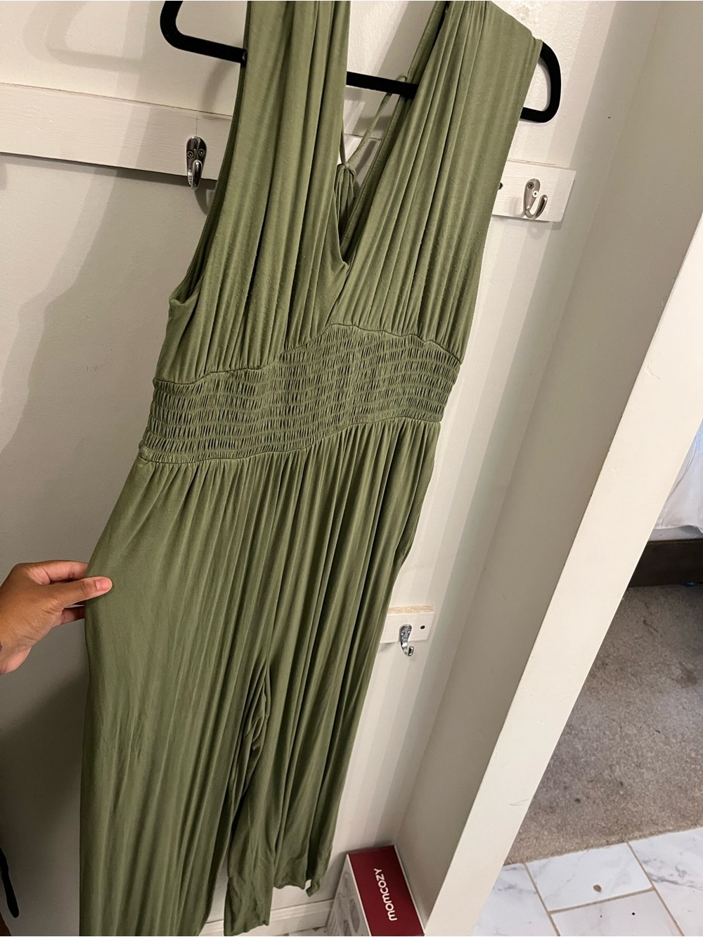 Old Navy Olive Green V-Neck Smocked-Waist Jumpsuit - Picture 3 of 6